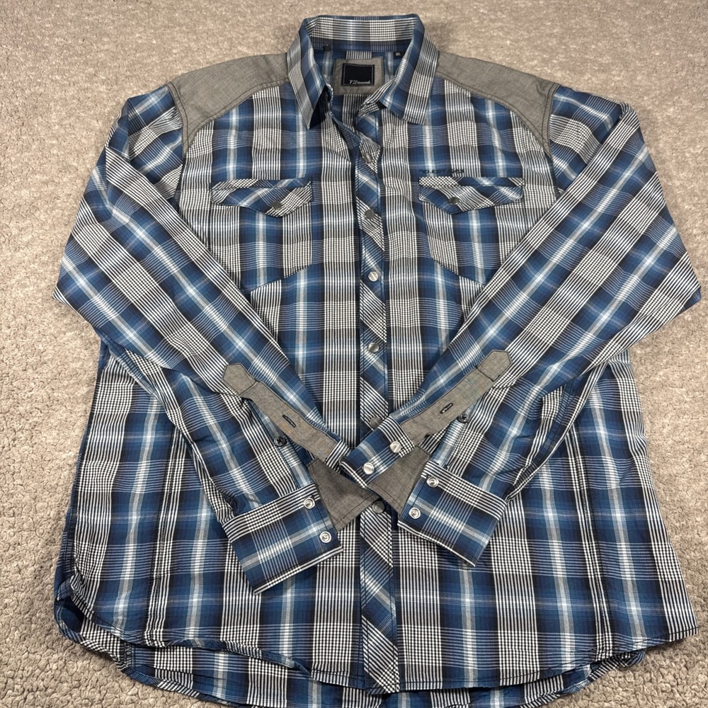 7 Diamonds Long Sleeve Plaid Button Shirt Size XL Blue Grey Western Styling